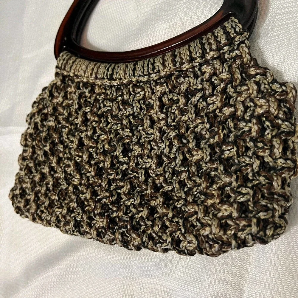 Vintage 60’s-70’s BOHO Brown Beige Macrame Handbag Purse Lucite Top Handles